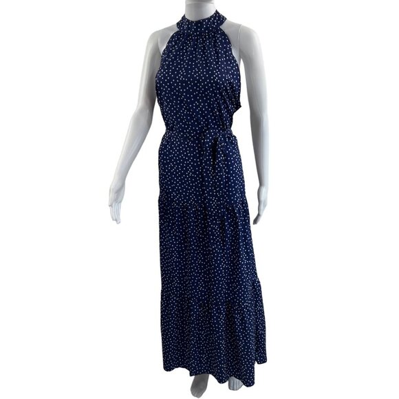 NWT Made With Love Women XL Navy Polka Dot Tiered Ruffled Maxi Dress Flowy Retro - Picture 1 of 16